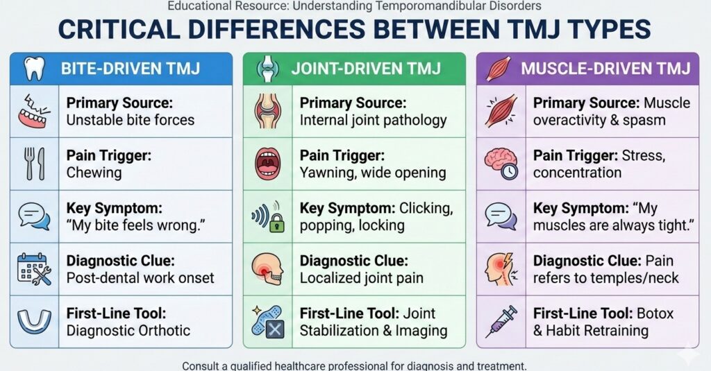 3 Types of TMJ disorder — bite-driven, joint-driven, muscle-driven